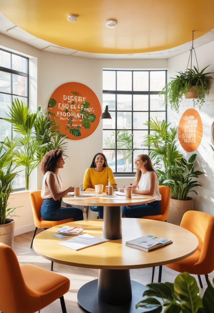 A vibrant, sunlit office space with diverse individuals laughing and collaborating around a large, circular table, surrounded by plants and colorful artwork. A wall displays inspirational quotes about positivity and teamwork, while a coffee station invites casual conversations. Bright colors and light streaming in create an uplifting atmosphere that embodies connection and joy. super-realistic. vibrant colors. soft focus.