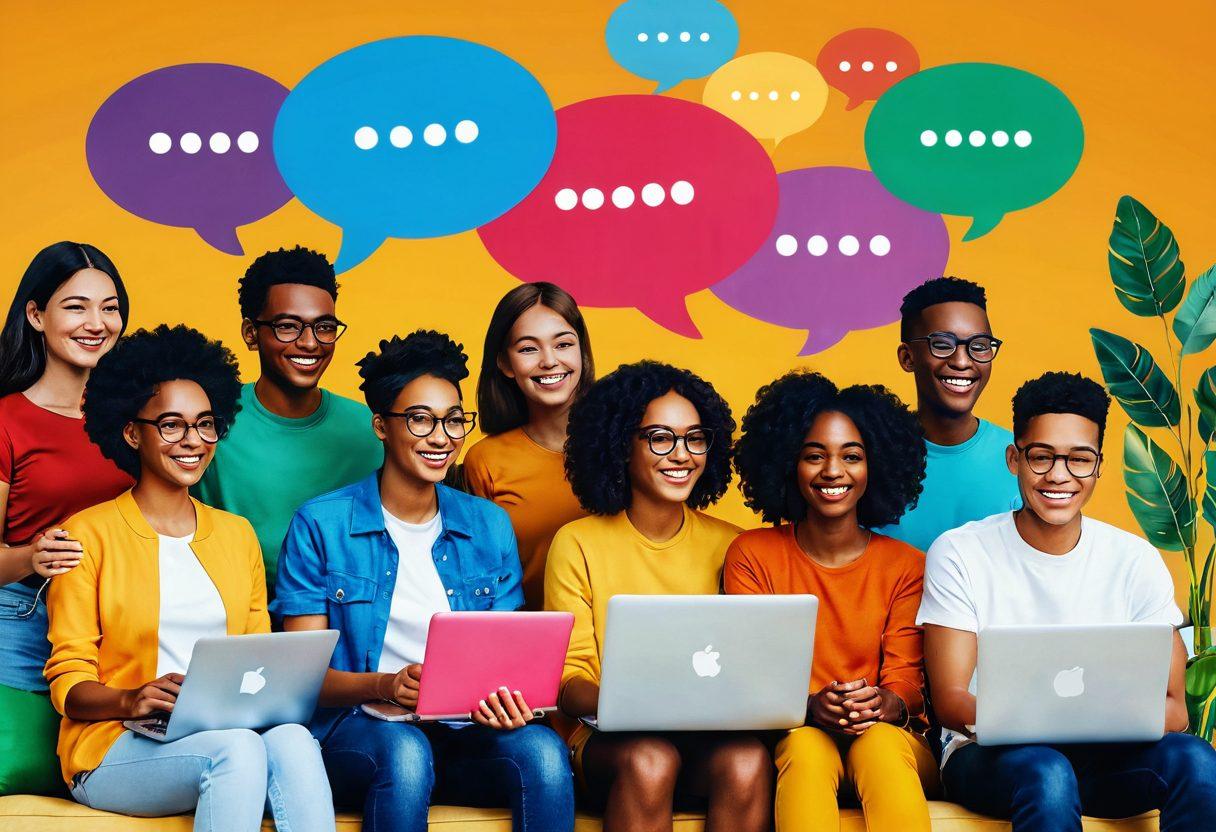 A vibrant digital illustration depicting a diverse group of people engaging joyfully in an online community setting. Show colorful chat bubbles filled with positive words and emojis, and a warm, inviting background that symbolizes connectivity. Include elements like laptops, smartphones, and nature motifs to inspire happiness and togetherness. super-realistic. vibrant colors. cheerful atmosphere.