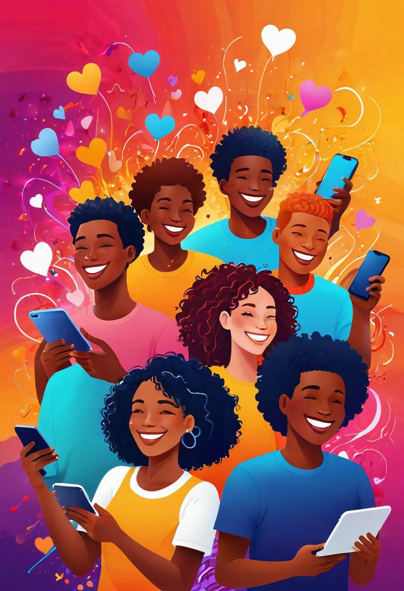 A vibrant illustration of diverse people joyfully connecting through digital devices, surrounded by colorful sparks and symbols of happiness like hearts and smiley faces. The background features a blend of abstract shapes representing online platforms, with warm colors that evoke a sense of joy and engagement. super-realistic. vibrant colors. digital art.